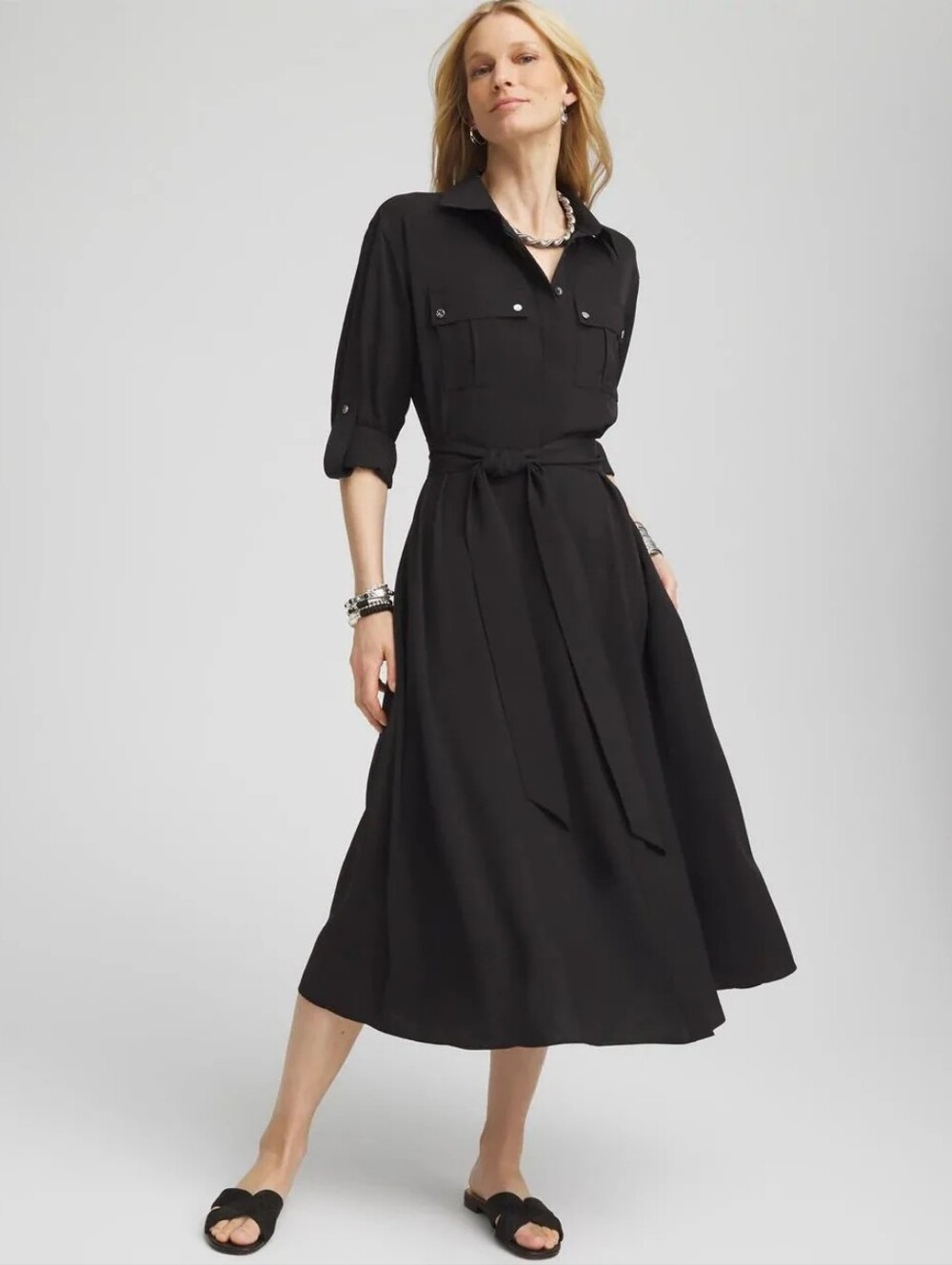 Chico’s Twill Belted Midi Shirtdress Black A-Line Dress Size 3 = U.S. XL